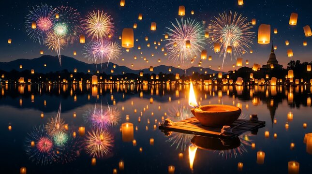 Stunning night scene featuring floating sky lanterns and colorful fireworks reflecting on a calm lake near a traditional temple
