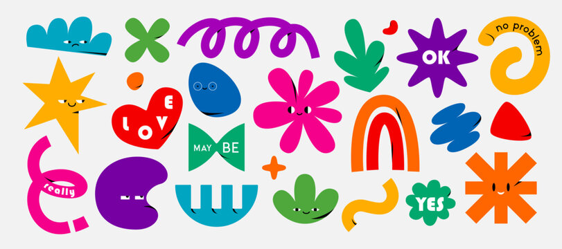 Abstract shapes set vector illustration. Graphic design elements with retro simple character, star, heart, flower, rainbow, swirl, smiley. Trendy cartoon flat stickers, brutal aesthetic