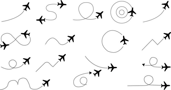 Set of black airplane icons with dotted flight path route lines
