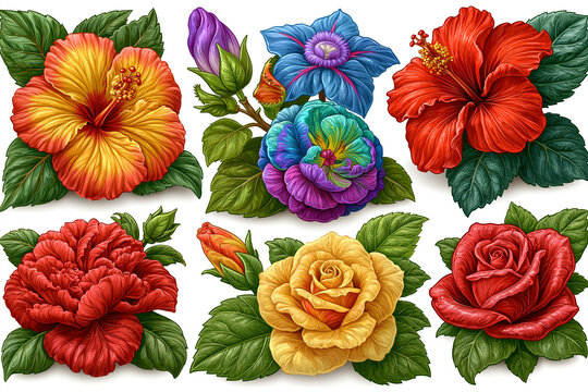 Set of tropical hibiscus and various roses isolated on white background