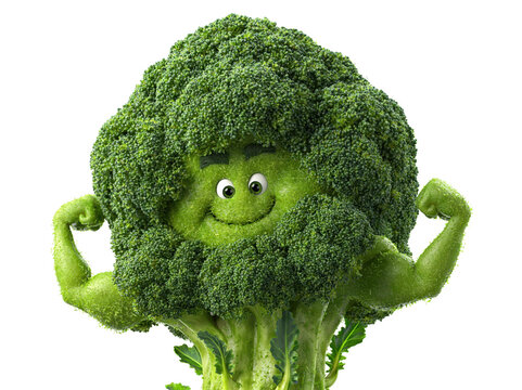 Cartoon broccoli character with a face and muscles