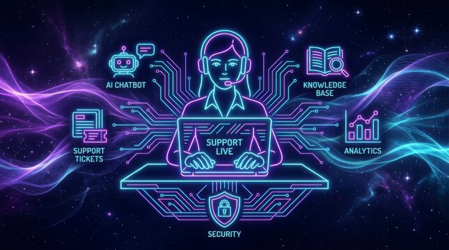 Customer support agent with headset working on laptop, surrounded by glowing neon icons representing AI chatbot, knowledge base, support tickets, analytics, and security, all connected by circuit line