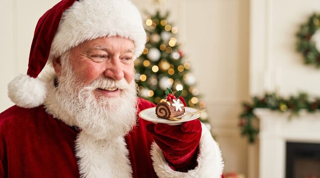 Santa Claus holding a Christmas yule log dessert in a festive living room
