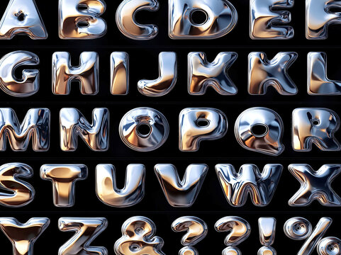 Retro-futuristic, chrome panels, metallic gradients, distortions, glossy highlights, black background, high contrast reflections, 3D text, captivating display, alphabet sheet ABCDEF, GH - AI-Generated