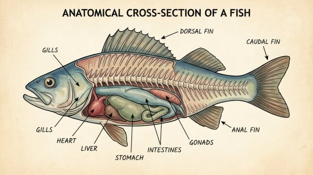 Detailed Anatomical Cross-Section of a Fish with Labeled Internal Organs and External Fins on a Textured Background, concept of biological education and scientific study