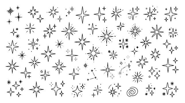Hand drawn star sparkle icons set for festive holiday design and magical graphic elements