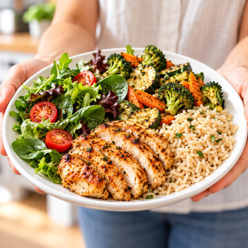 Healthy Meal with Grilled Chicken, Rice, Salad
