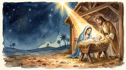 Fototapeta premium Mary and Joseph stand together in a rustic wooden stable at night to look at infant Jesus resting in a manger filled with hay while a bright star