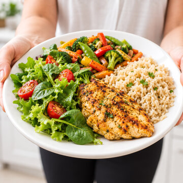 Healthy Meal with Grilled Chicken, Rice, Salad