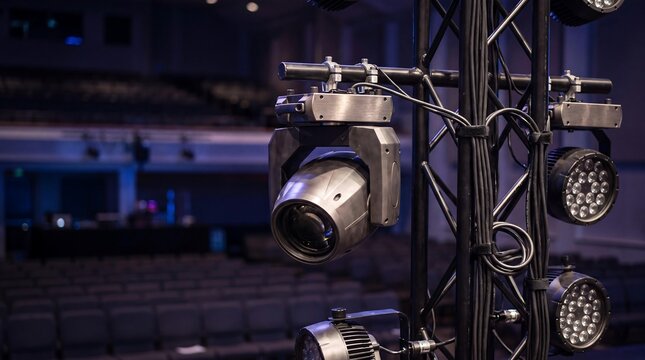 Stage lighting equipment, including moving heads and LED pars, set up on a truss in front of an empty auditorium.
