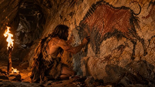 Prehistoric Cave Man Painting Bison on Rock Wall by Firelight