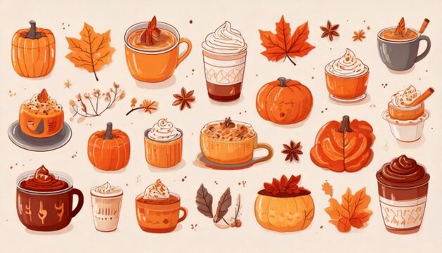 A professional vector-style flat design graphic set of cozy autumn coffee shop icons and seasonal cafe menu elements isolated on a light cream background