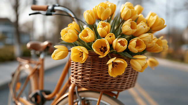 Yellow tulips in a wicker basket on a vintage bicycle during spring season