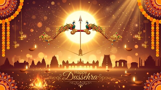 Happy Dussehra Festival Greeting with Ornate Bow and Arrow on Glowing Orange Background