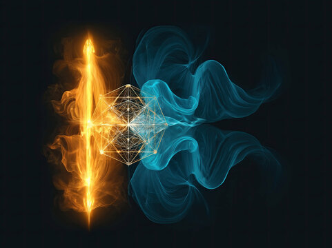 Digital artwork featuring a humanoid robot in complementary energy systems Left side warm, amber, outward moving light right side deep blue-teal, fluid, wavelike contextual light Cen - AI-Generated