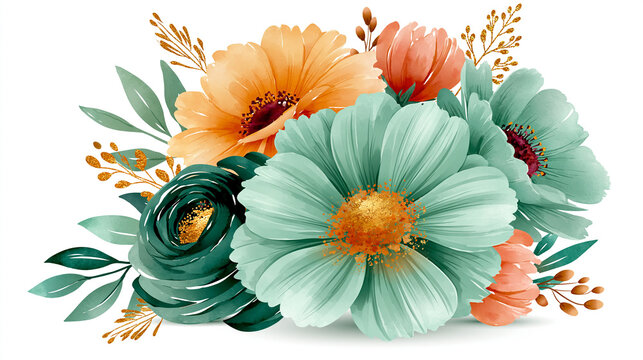 Decorative bouquet of watercolor wildflowers in orange and teal with floral arrang