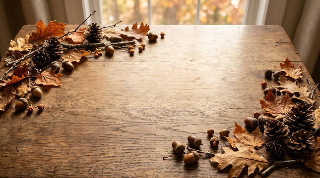 Rustic autumn table setting with leaves and pinecones