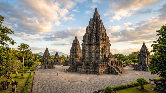 Scenic view of Prambanan Temple complex in Yogyakarta, Indonesia, featuring ancient Hindu architecture during daytime under a cloudy sky