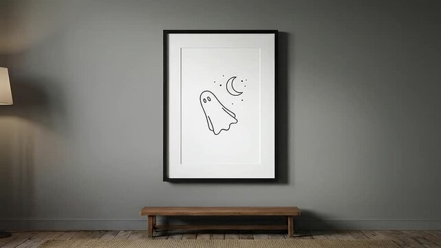 Framed wall art featuring a cute ghost and moon drawing hanging on a gray room wall above a wooden bench