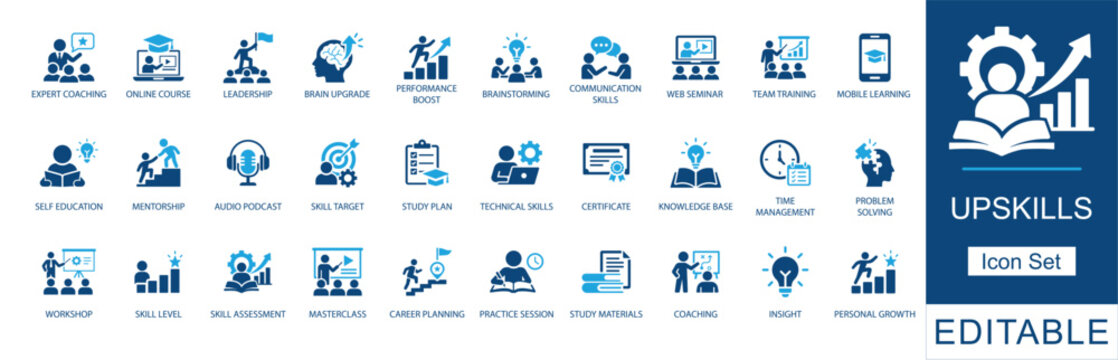 Upskills icon set featuring corporate training, online education, leadership, mentorship, and career growth icons for business 