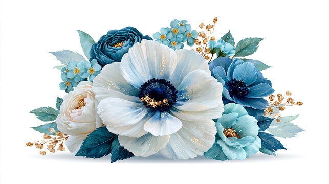 Sophisticated blue and white floral arrangement with golden leaf details