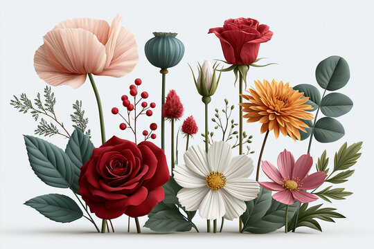 Bouquet of mixed colorful spring flowers and roses isolated on white background