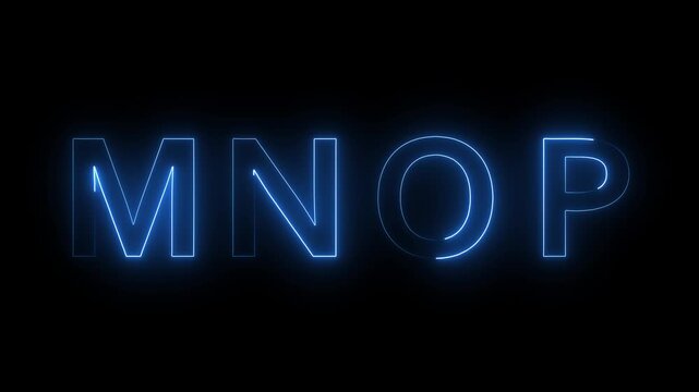blue neon glowing alphabet letters m n o and p animation loop motion graphics.