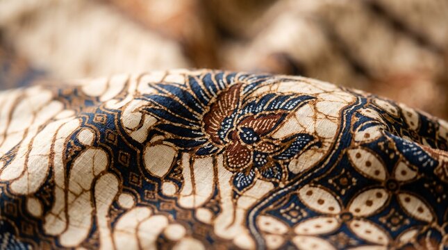Close up view of traditional Indonesian batik fabric with intricate floral patterns.