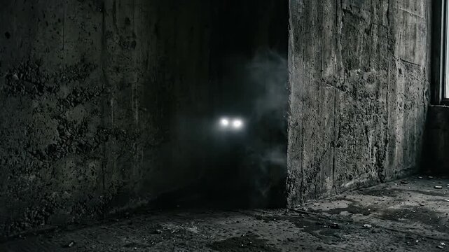 Scary creature with glowing eyes lurking in a dark concrete room
