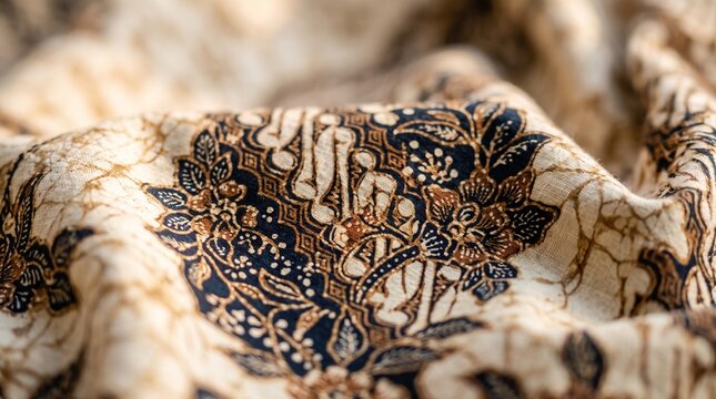 Close up view of traditional Indonesian batik fabric with intricate floral patterns and soft folds.