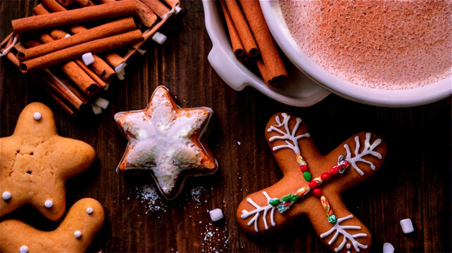 christmas gingerbread cookies and cinnamon stick, decorating cookies for christmas party. happy holiday