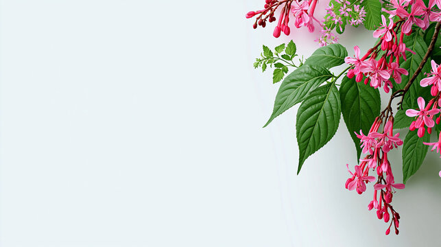 Delicate pink flower blossoms with green leaves against a plain white background