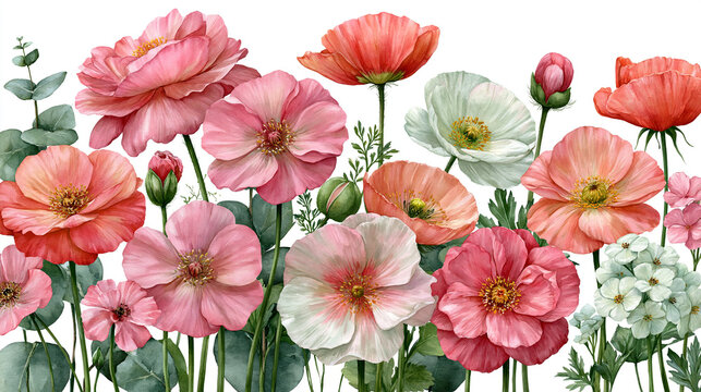 Group of colorful poppies and delicate spring flowers on white background