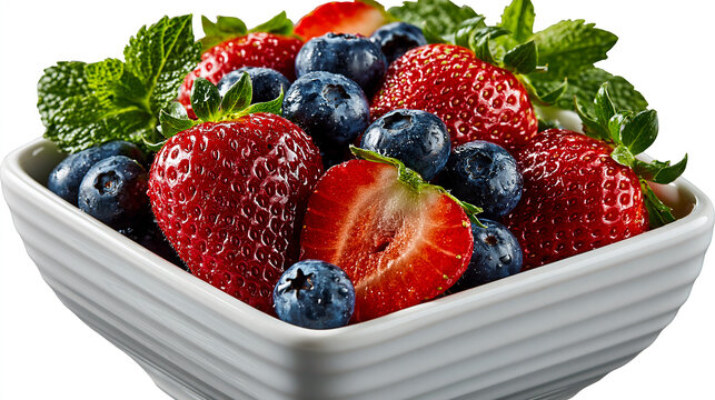 Fresh bowl of ripe strawberries and blueberries with green mint leaves
