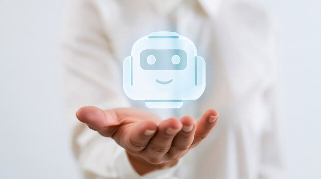 Open hands presenting glowing light blue AI robot chatbot icon, friendly artificial intelligence virtual assistant and automation technology concept, futuristic digital support and smart customer serv