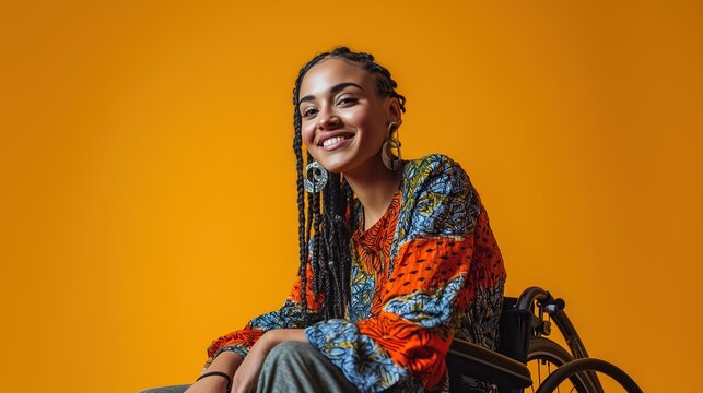 A beautiful medium shot of a cheerful young black woman with braids wearing a colorful patterned blouse, smiling brightly while sitting in a wheelchair against a vibrant yellow wall. 