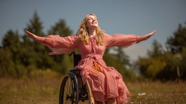 A beautiful medium shot of a happy young woman in a stylish pink polka dot gown sitting in her wheelchair, laughing with outstretched arms on a sunny meadow with forest backdrop. 