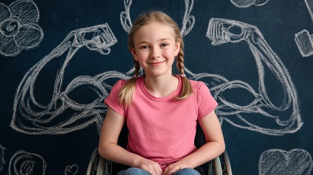 A sweet portrait of a smiling young girl with braids in a pink t-shirt sitting in her wheelchair against a black chalk board decorated with strong muscles and sketches. 