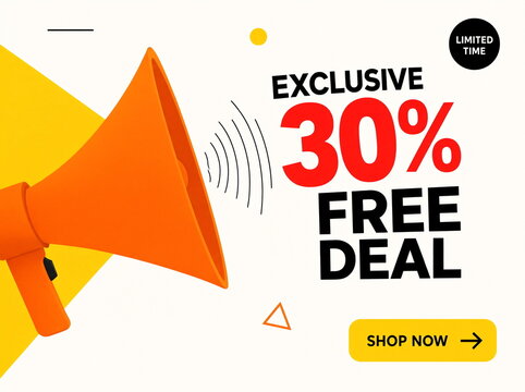 Megaphone and 30% discount banner. Minimalist design