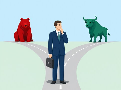A businessman stands at the crossroads of two paths: the bear market and the bull market