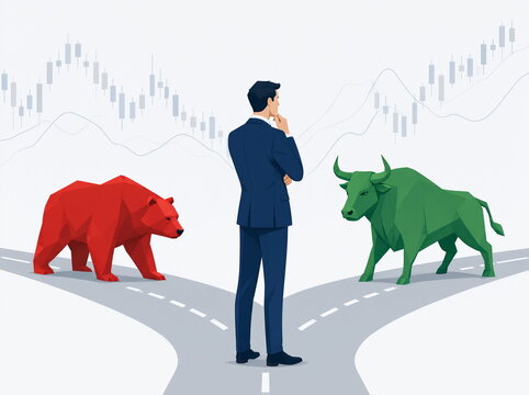 A businessman stands at the crossroads of two paths: the bear market and the bull market