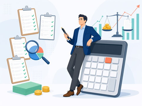 A businessman is leaning on a large calculator and charts