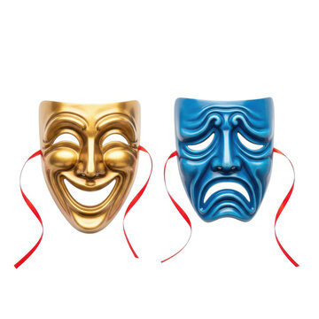 Happy and sad theater masks with red ribbons isolated on white background