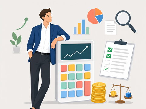 A businessman is leaning on a large calculator and charts
