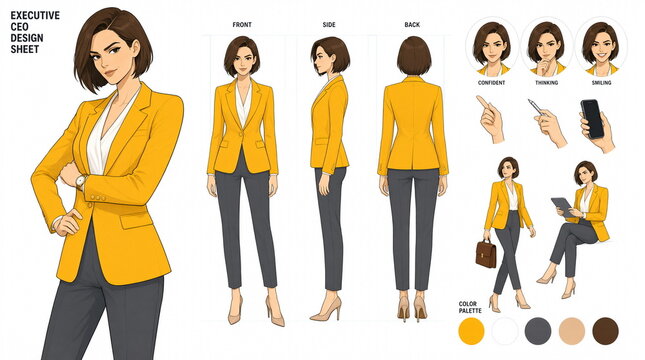 A confident female executive in a yellow blazer (CEO). A collection of figure elements, body positions, and poses.