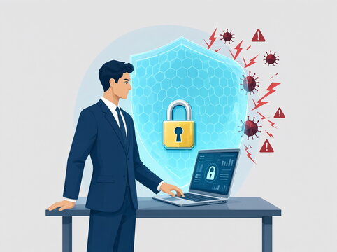 A businessman stands next to a laptop secured with a padlock; a cybersecurity illustration