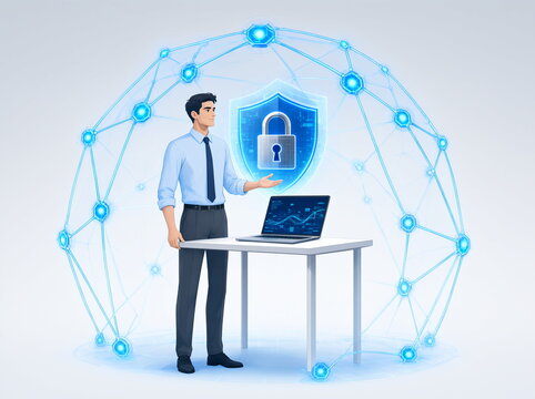 A businessman stands next to a laptop secured with a padlock; a cybersecurity illustration