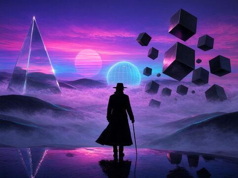 Silhouette of a man against a surreal landscape with geometric shapes