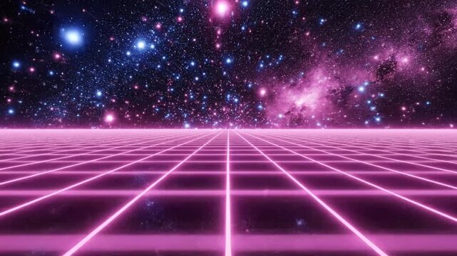 Neon pink grid platform under a vibrant starry cosmic sky