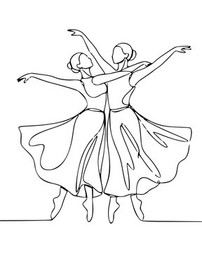 Continuous Line Drawing of Two Ballerinas in Graceful Dance Pose